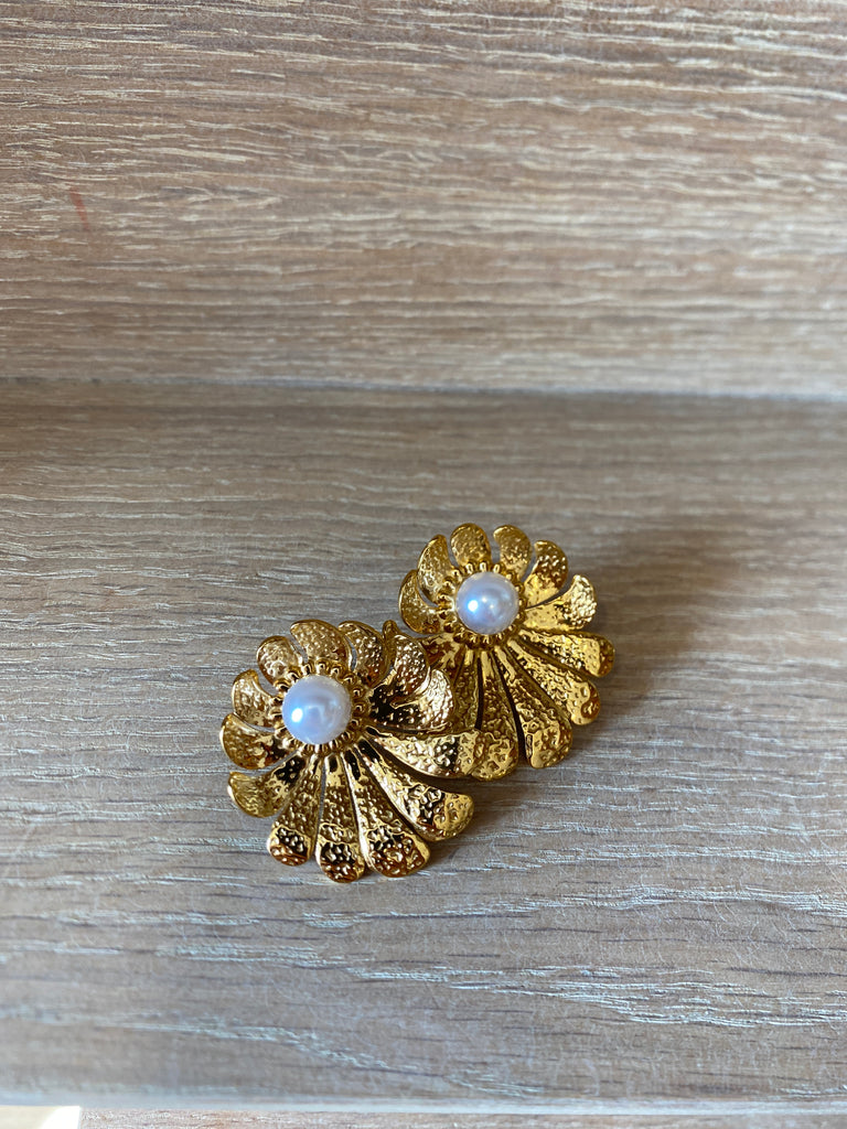 Gold Flower and Pearl Earrings