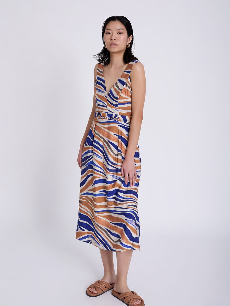 Skatie Abstract Print MIDI Straps dress with beads on waistband