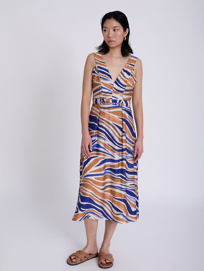 Skatie Abstract Print MIDI Straps dress with beads on waistband