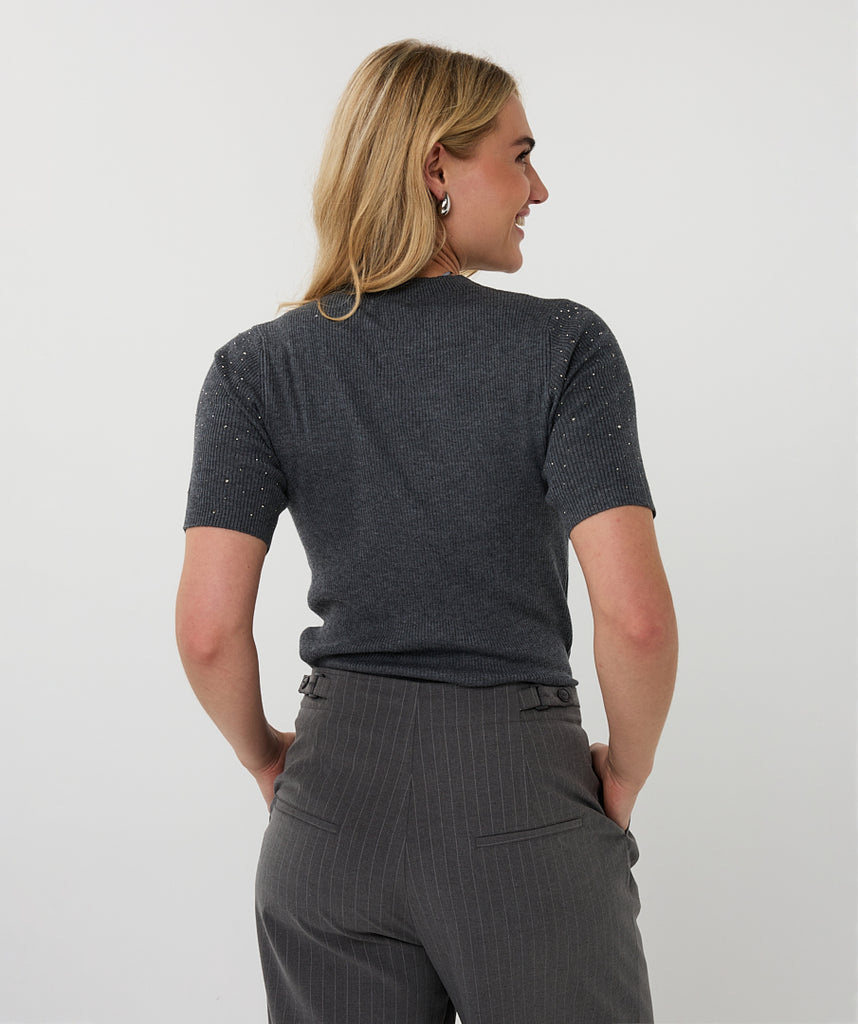 Esqualo Ribbed Fine Knit with Studs Dark Grey Melange