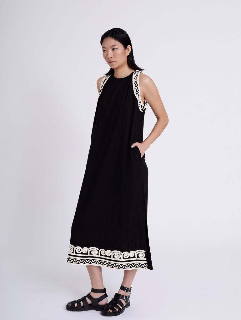 Skatie Long Dress with embossed embroidered straps Black