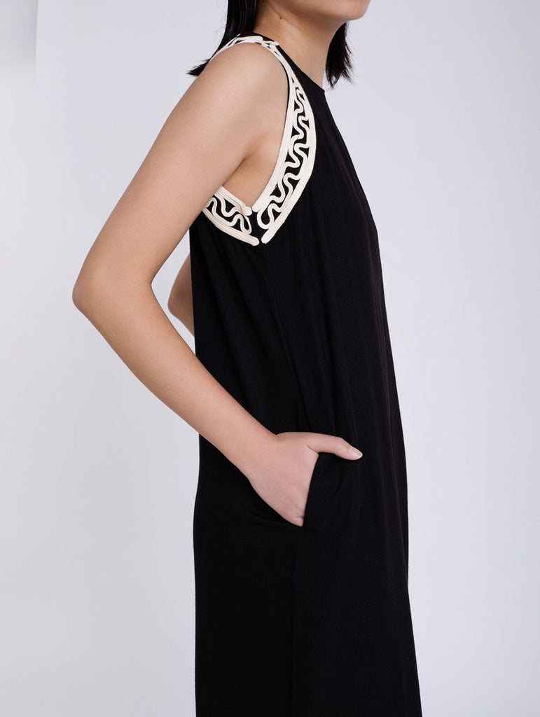 Skatie Long Dress with embossed embroidered straps Black